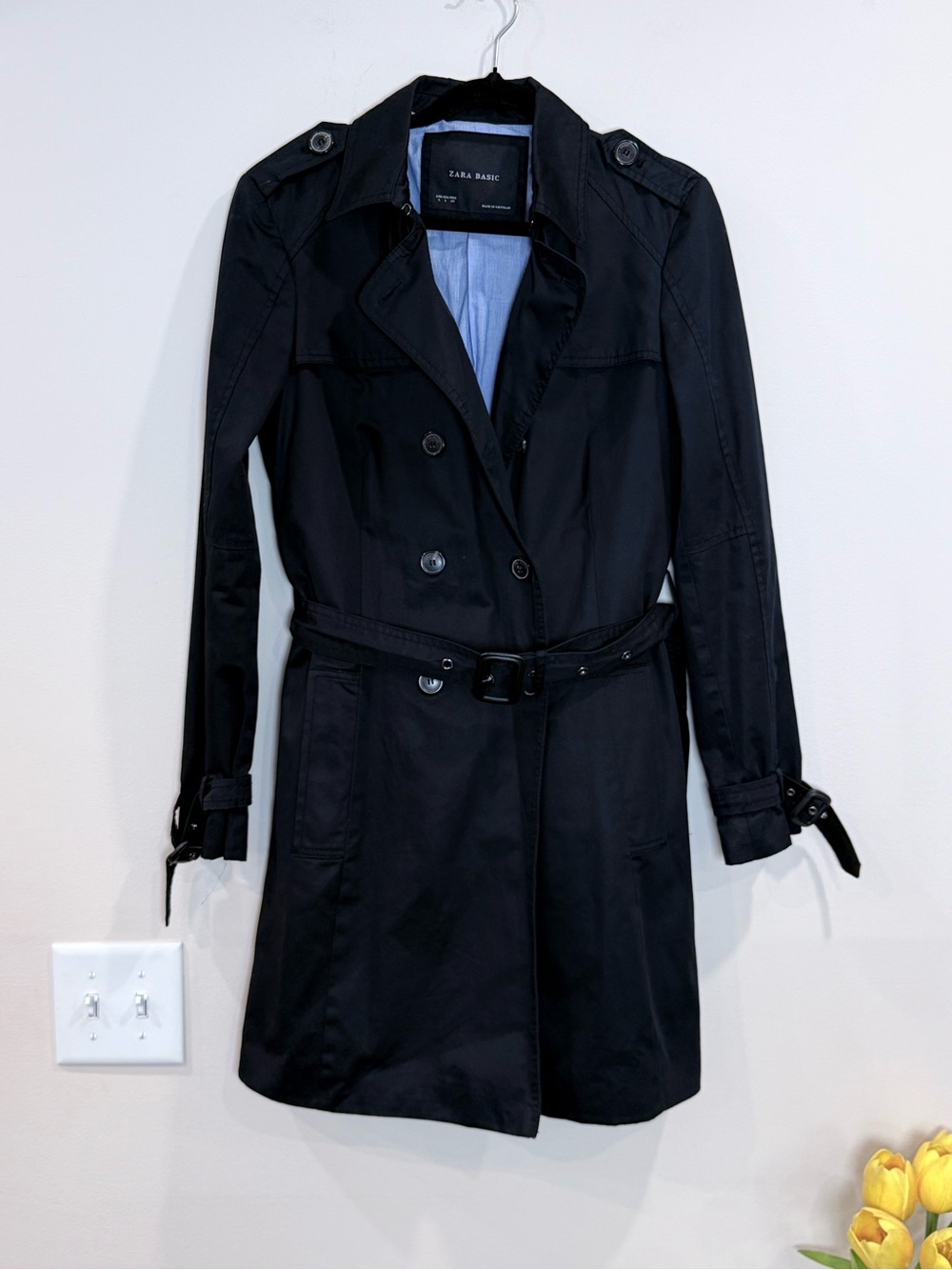 🔥Zara Black Trench Coat with Belt Size L EC🔥